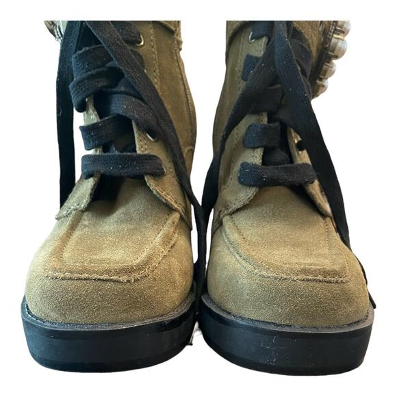 KARL LAGERFELD Dottie Faux Pearl Suede Heeled Ankle Boots Olive Green Size 6M - Picture 4 of 9